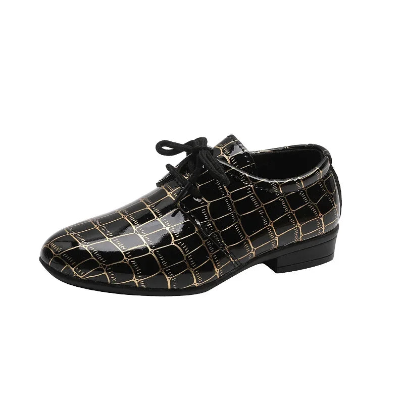 Black boys' leather casual flats with non-slip soles, suitable for school or special occasions, by Showlu Fashion Store.