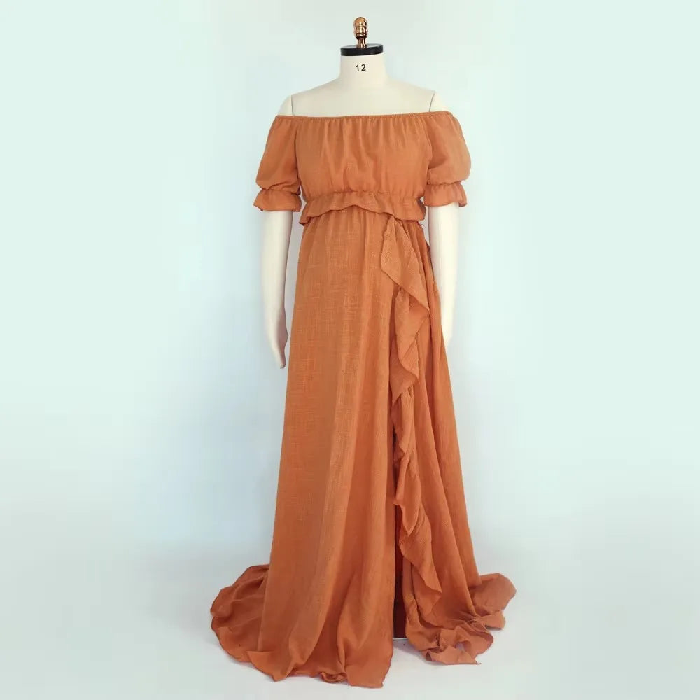 Showlu Fashion Studio maternity dress with high slit, off-shoulder boho maxi style, perfect for beach pregnancy photoshoots