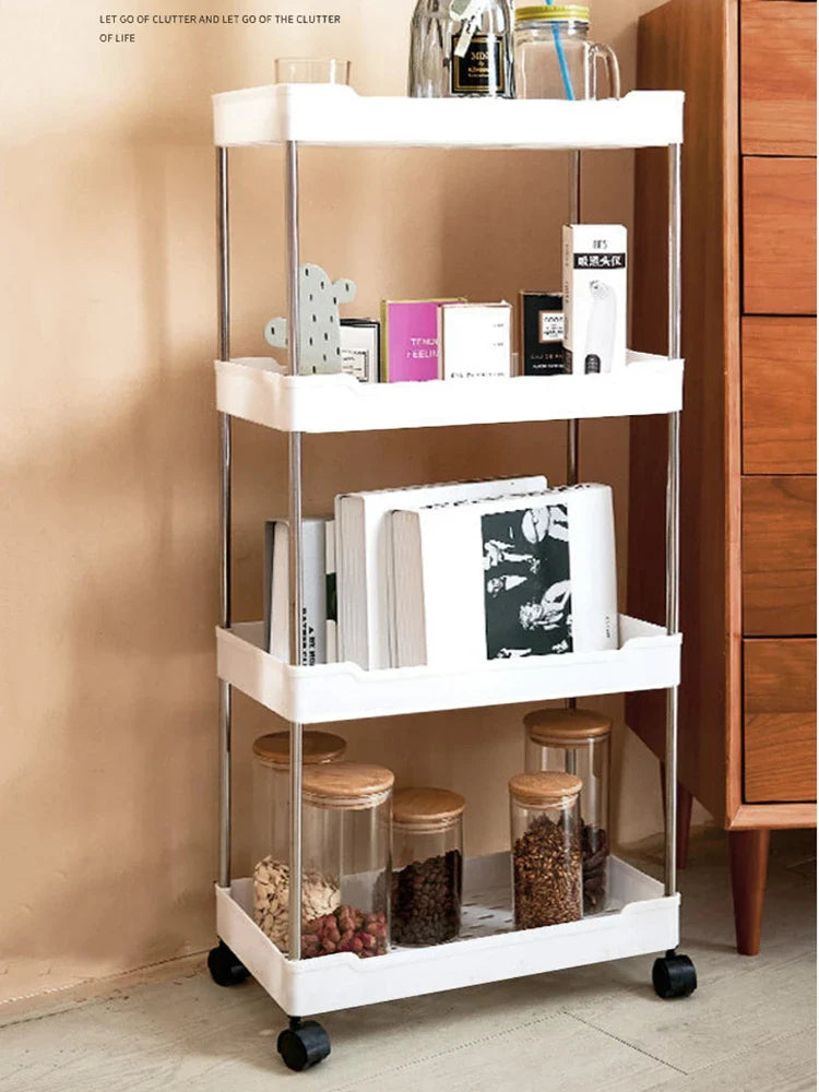Showlu 3/4 tier rolling utility cart with slim plastic storage shelves for versatile organization and easy mobility.