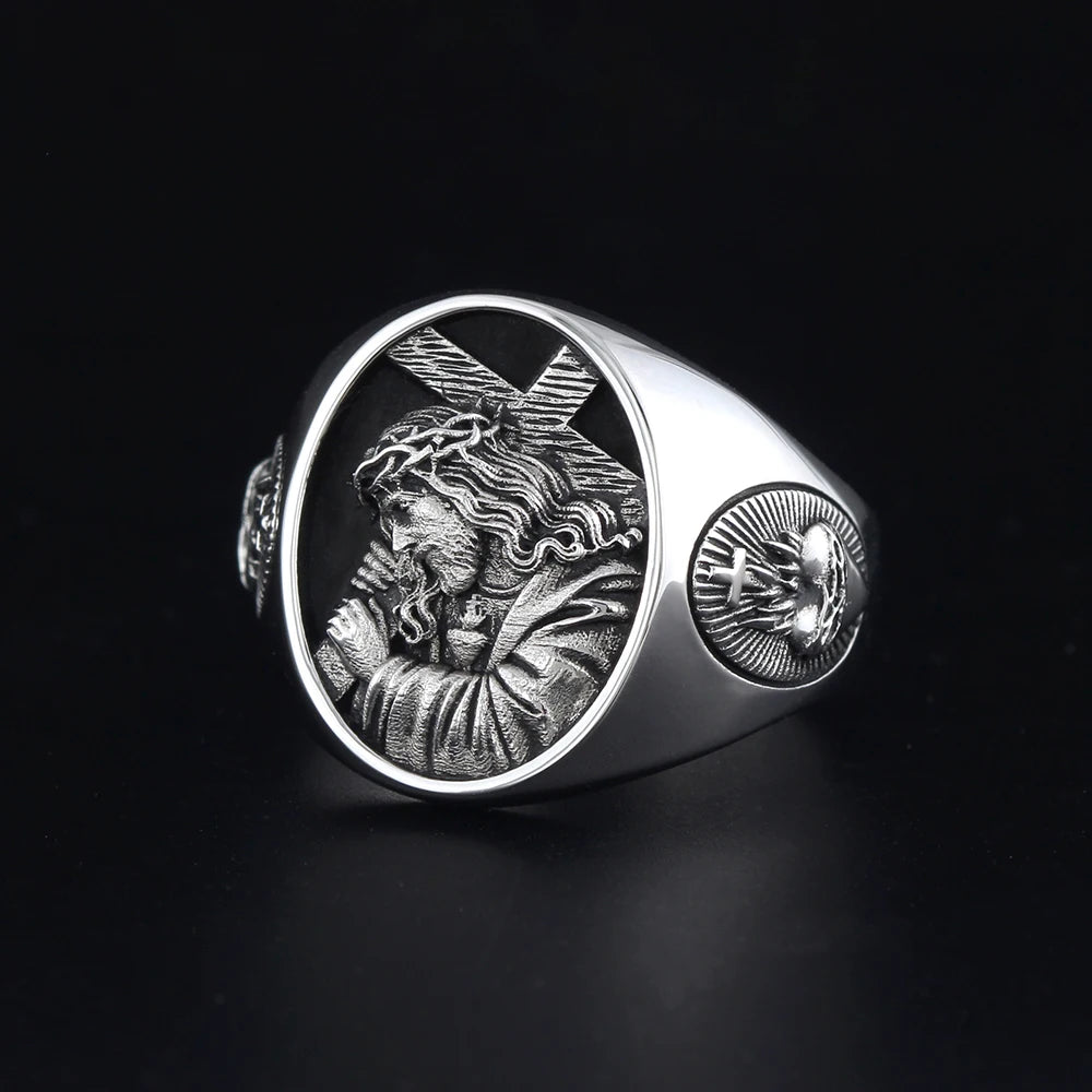 Sterling silver Jesus cross ring by TEECOI, featuring detailed religious Christian jewelry design.