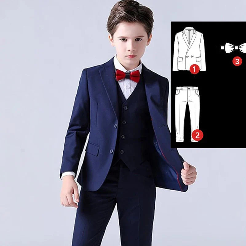 LUOBOBEIBEIC boys' 3-piece plaid formal suit, including jacket, vest, and pants, designed for kids' weddings and special occasions.