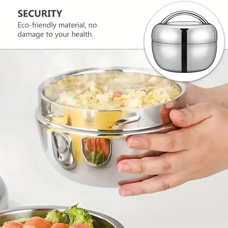Stainless steel hot food flask and bento box with vacuum insulation, portable travel lunch box, double layer, anti-scald design.