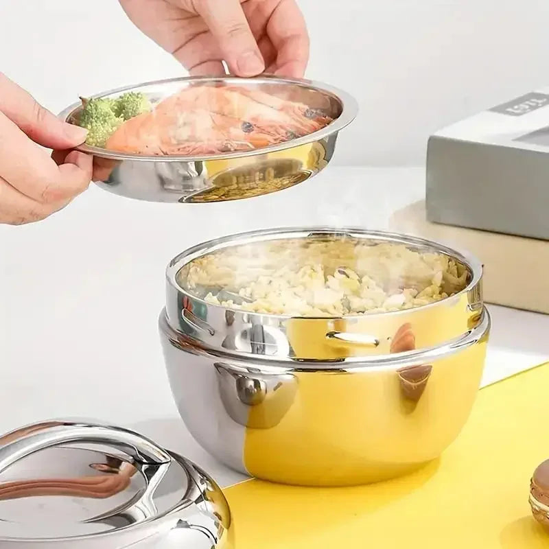 Stainless steel hot food flask with vacuum insulation, double-layer bento lunch box, portable and anti-scald for travel and lunch use