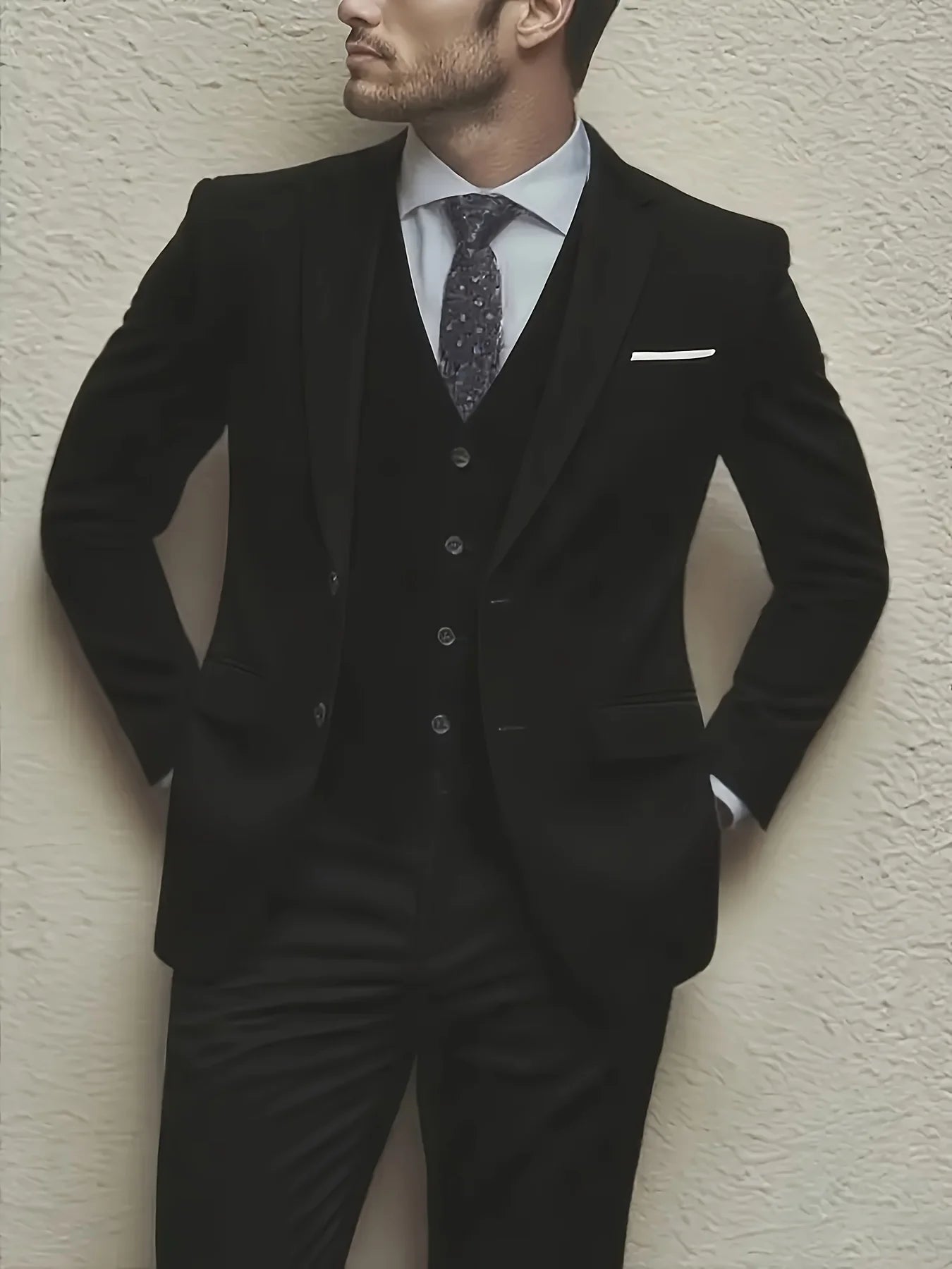 Men's 3-piece suit set with jacket, vest, and pants from Showlu Fashion, ideal for weddings, parties, and formal events.