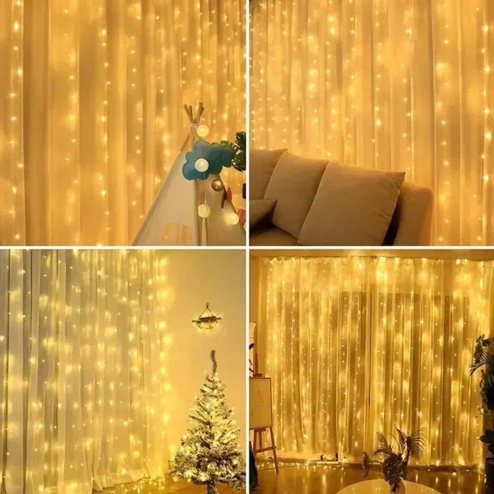 Showlu Smart General LED curtain fairy lights hanging with warm white glow, perfect for home decor and festive ambiance.