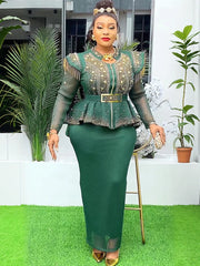 2025 African Clothes For Women Plus Size Two Piece Set Outfits Long Sleeve Tops And Skirt Suit Wedding Party Evening Dress Gowns