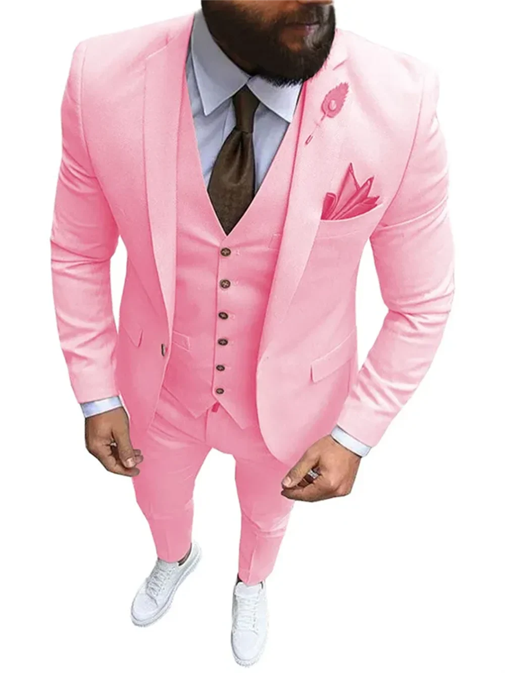 SHOWLU Men's pink 3-piece slim fit suit with notch lapel, ideal for weddings and formal events, displayed on a hanger.