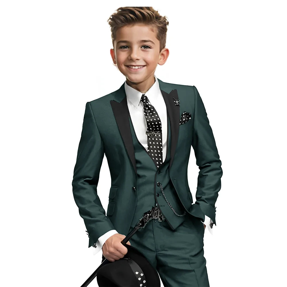 Navy blue boys tuxedo 3-piece suit with blazer, pants, and vest for formal occasions, suitable for ages 2-16 from Showlu Fashion Store