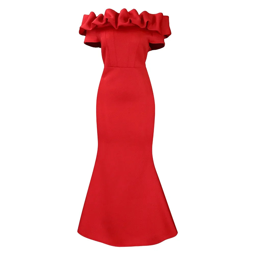Kalenmos women's off-shoulder ruffle evening gown by SHOWLU FASHION, slim fit party dress with elegant ruffle details.