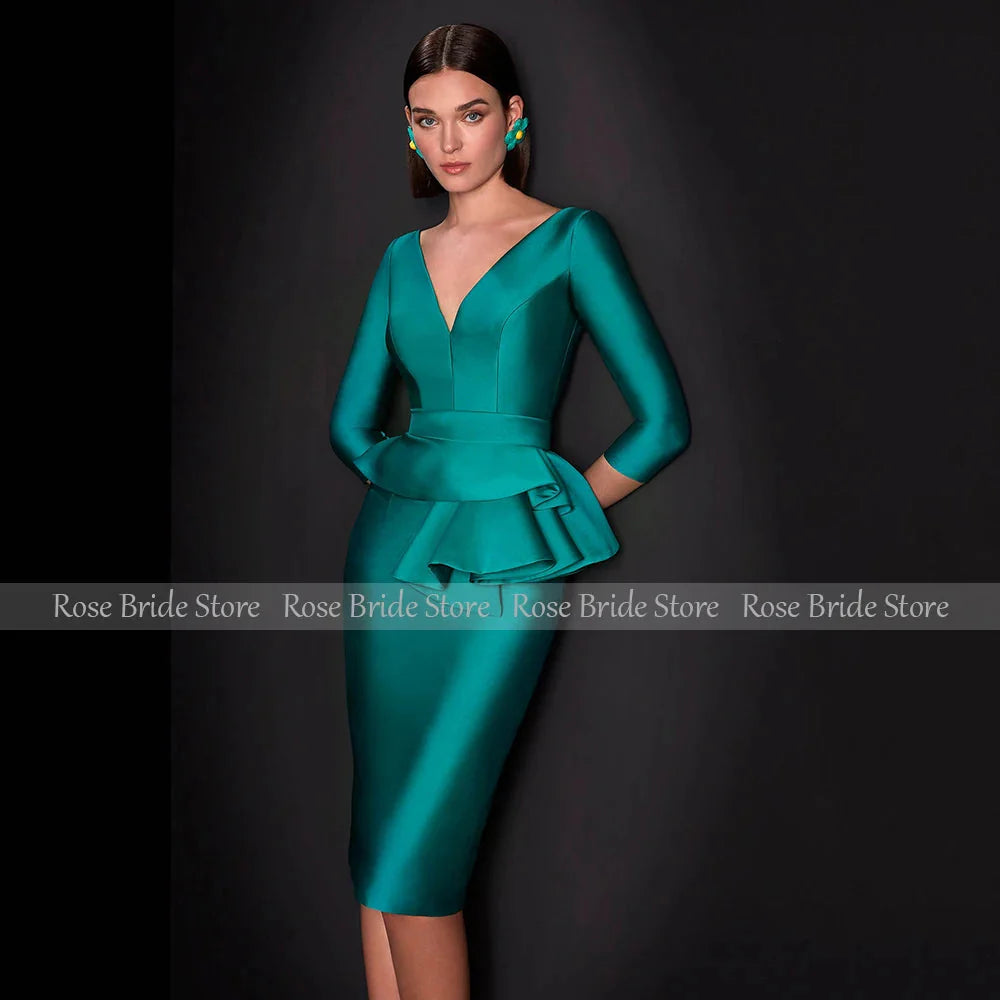 Turquoise satin V-neck cocktail dress with ruffles, ideal for wedding guests, by SHOWLU FASHION STORE.
