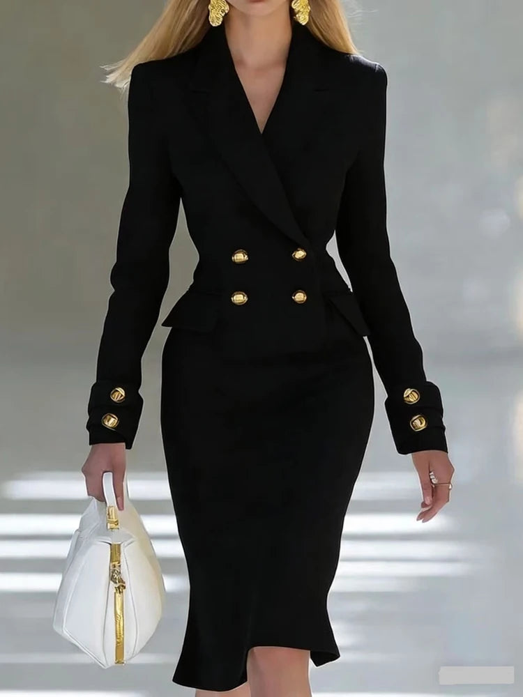 Showlu Women's double-breasted blazer dress with V-neck, formal wear, tailored fit, in classic black fabric.