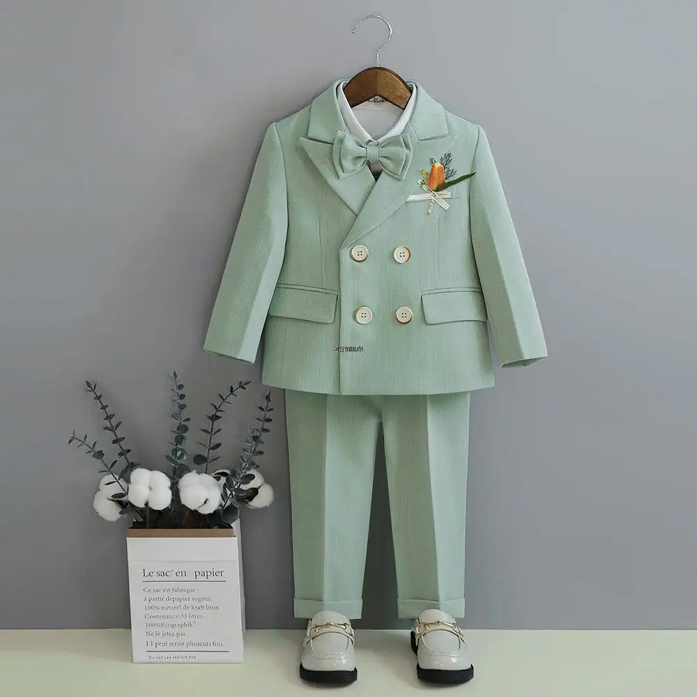 Kids boys formal wedding suit by SHOWLU FASHION STORE featuring a double-breasted blazer set with matching pants.