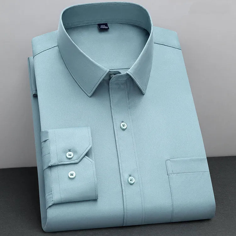 Showlu Fashion men's bamboo fiber non-iron long sleeve shirt with solid color, anti-wrinkle, and business casual style.