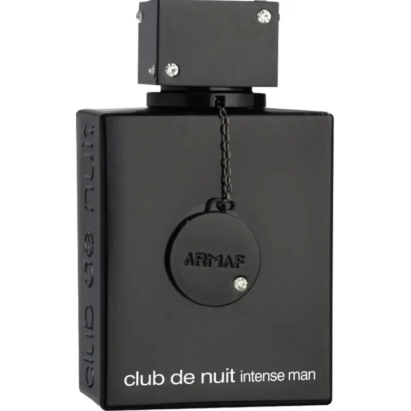 Woody spicy Armaf Club De Nuit Intense Man EDP perfume bottle for men and women, with sleek design and fragrance details.