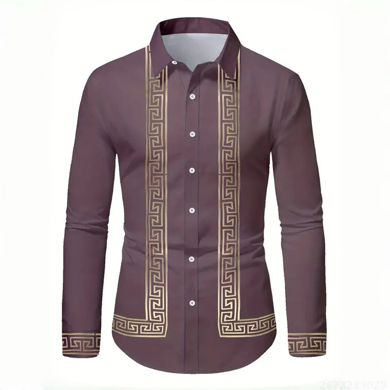 Men's retro geometric print long-sleeve shirt in black and white, stylish slim fit casual top with color-block design.