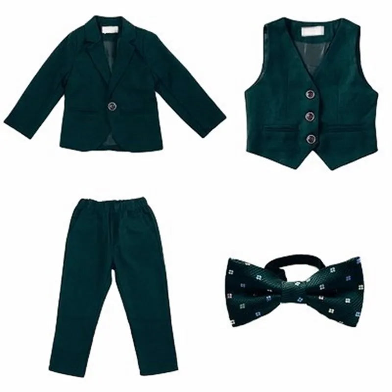Dark green boys' formal wedding suit and tuxedo set by SHOWLU FASHION STORE, includes jacket, trousers, shirt, and bow tie.