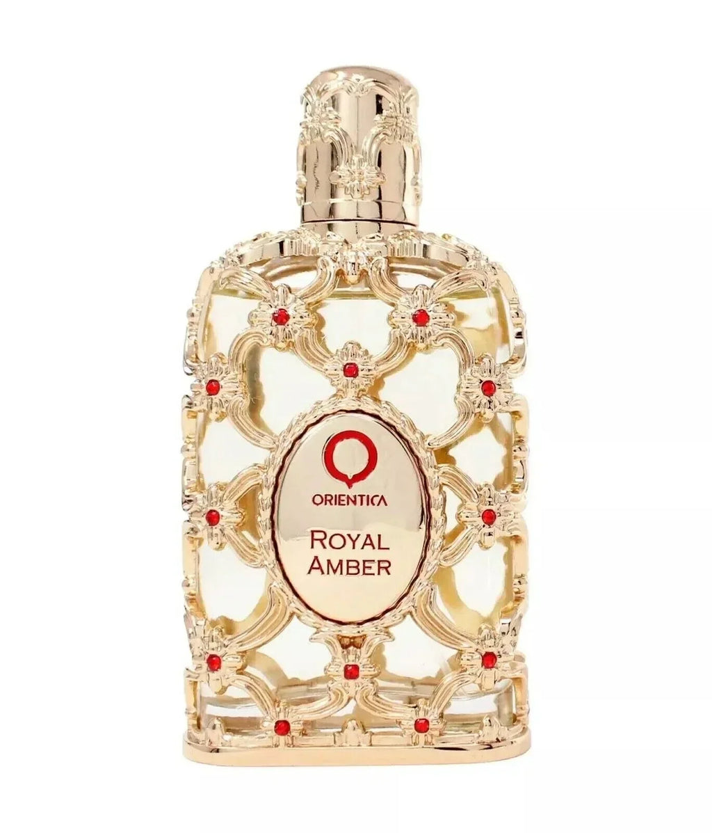 Unisex DJBS Royal Amber Eau De Parfum bottle with floral scent, 2.7 oz, showcasing elegant packaging and amber-colored liquid.
