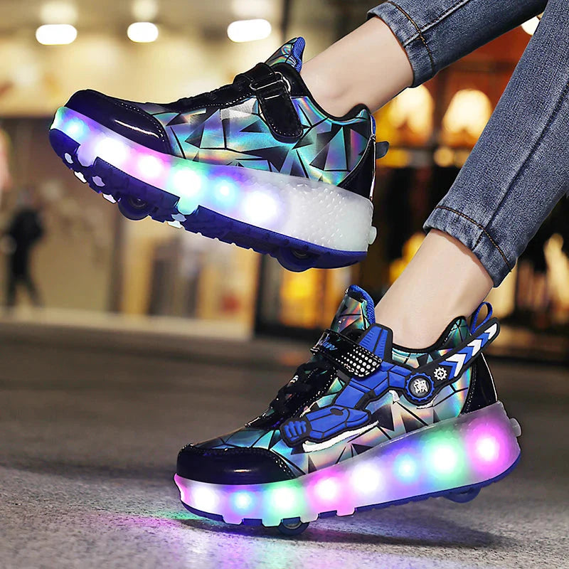 Children's flashing roller skates by SHOWLU FASHION with light-up outdoor sneakers, featuring colorful lights and adjustable straps.