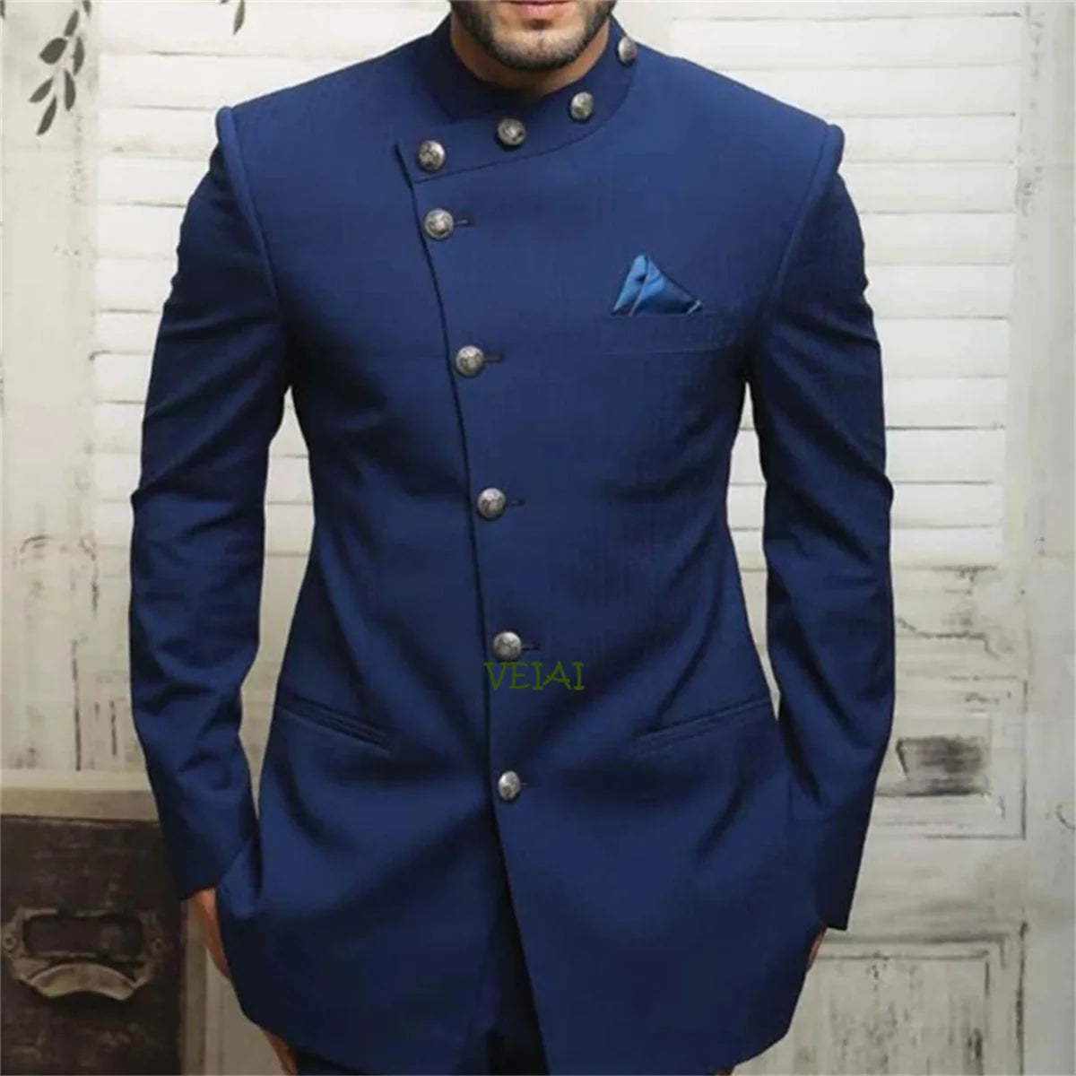 Veiai Blue Jodhpuri Suit for men by Showlu Fashion, 2-piece cotton blend groom tuxedo with traditional design and elegant detailing.