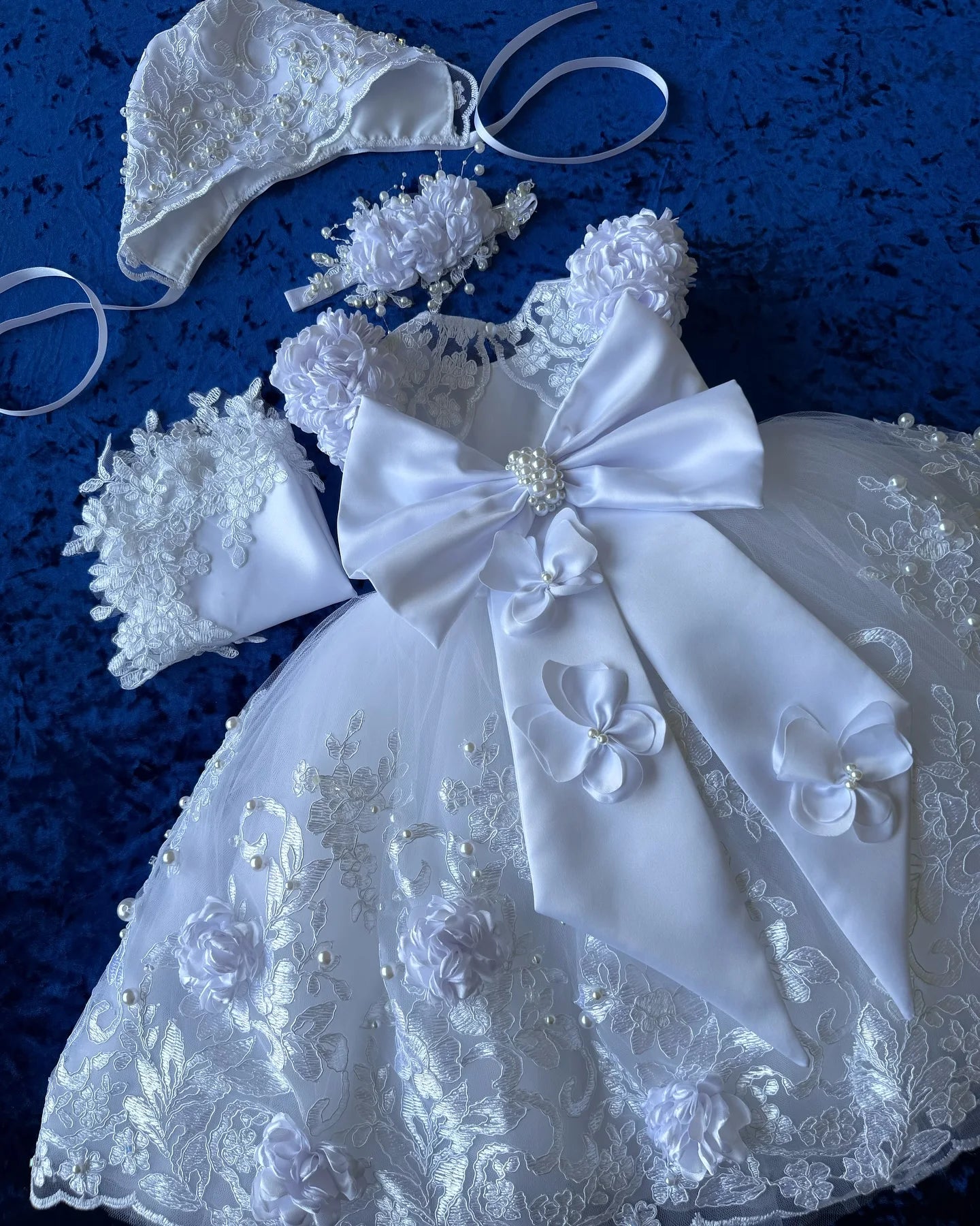 Baby girl lace baptism gown by Showlu Fashion Store with white 3D flower christening dress, detailed lace and elegant design.