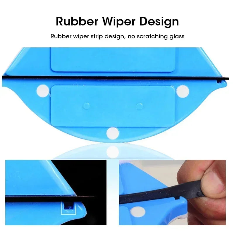 Showlu Smart General magnetic double-sided window glass cleaner tool shown in use, with reflective glass surfaces and cleaning pads.