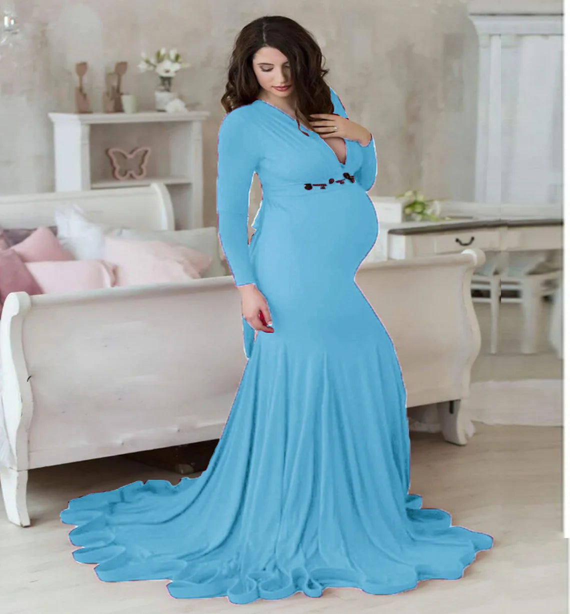 Sexy Mercerized cotton maternity V-neck dress by Showlu Fashion, perfect for photography with lace accents and comfortable fit.