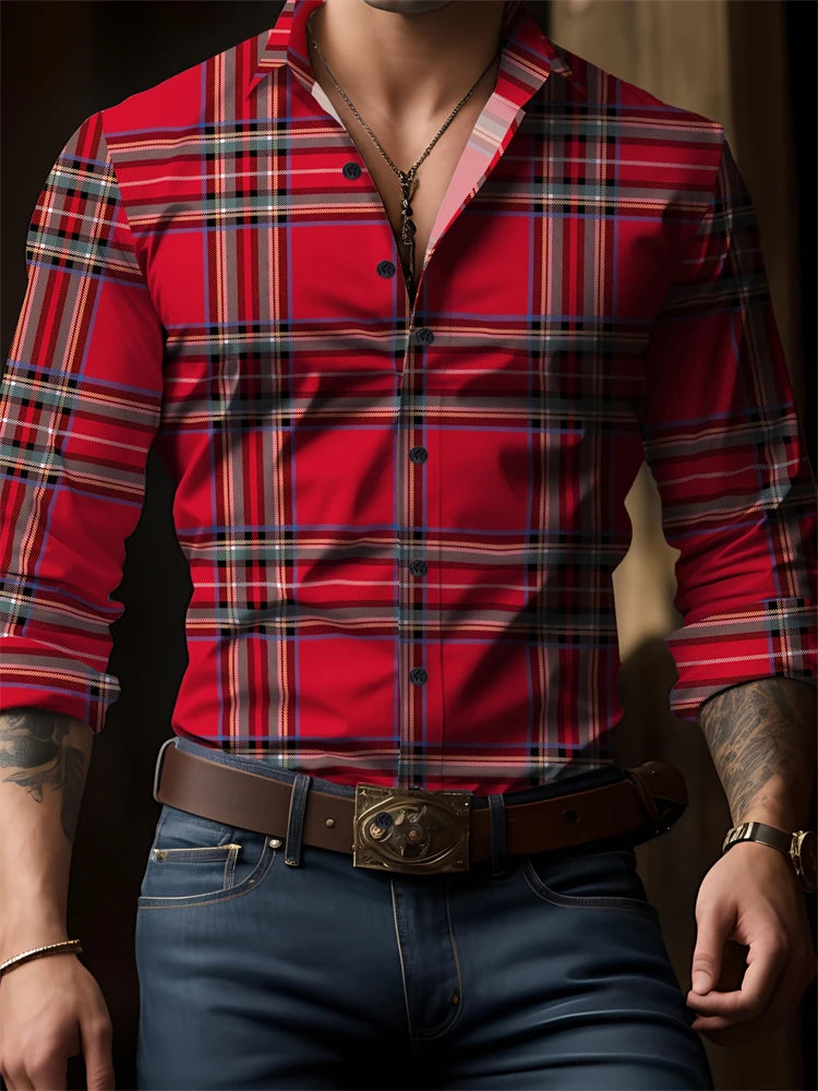 Men's check print long sleeve button down shirt with flip lapel, oversized outdoor street style from Showlu Fashion.