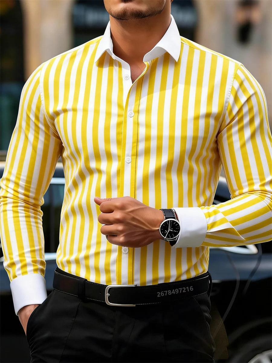 Men's business casual striped long-sleeved shirt with lapel and contrasting color splicing, stylish men's casual top from Showlu Fashion Store.