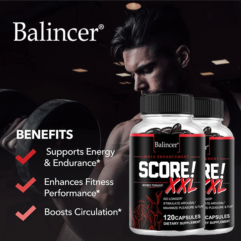 Balincer Score XXL nitric oxide supplement bottle with L Citrulline, Maca, and Tribulus for muscle building and endurance.