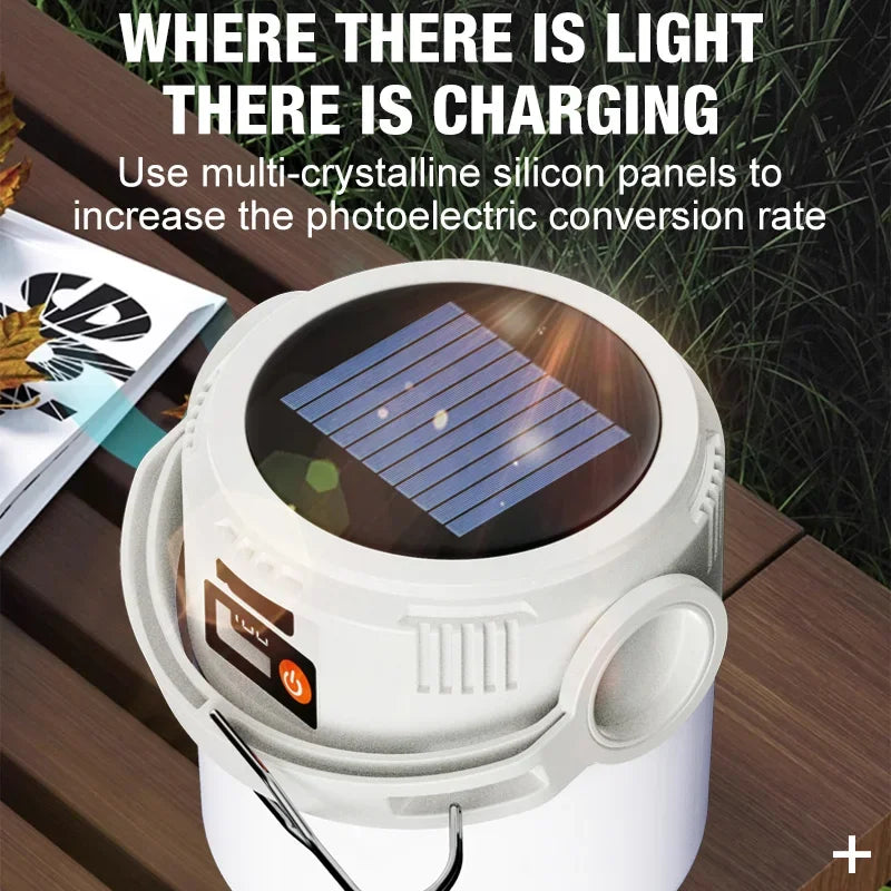 Showlu Smart General portable LED camping lantern with solar recharge, multi-mode lighting for outdoor camping and emergencies.
