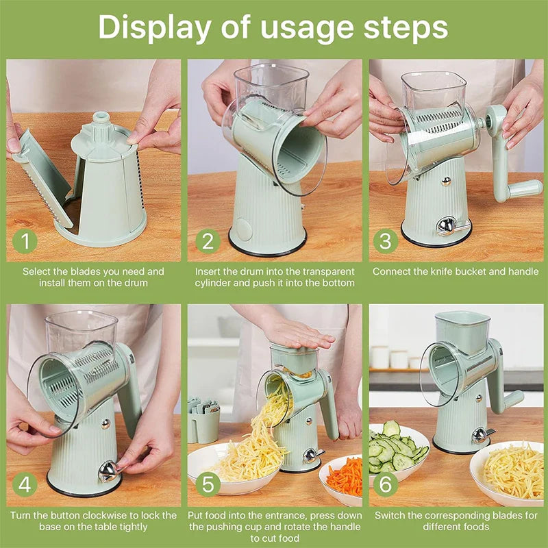 SHOWLU FASHION STORE LMETJMAC 5-in-1 rotary cheese grater with stainless steel mandoline slicer, showcasing multiple attachments and blades.
