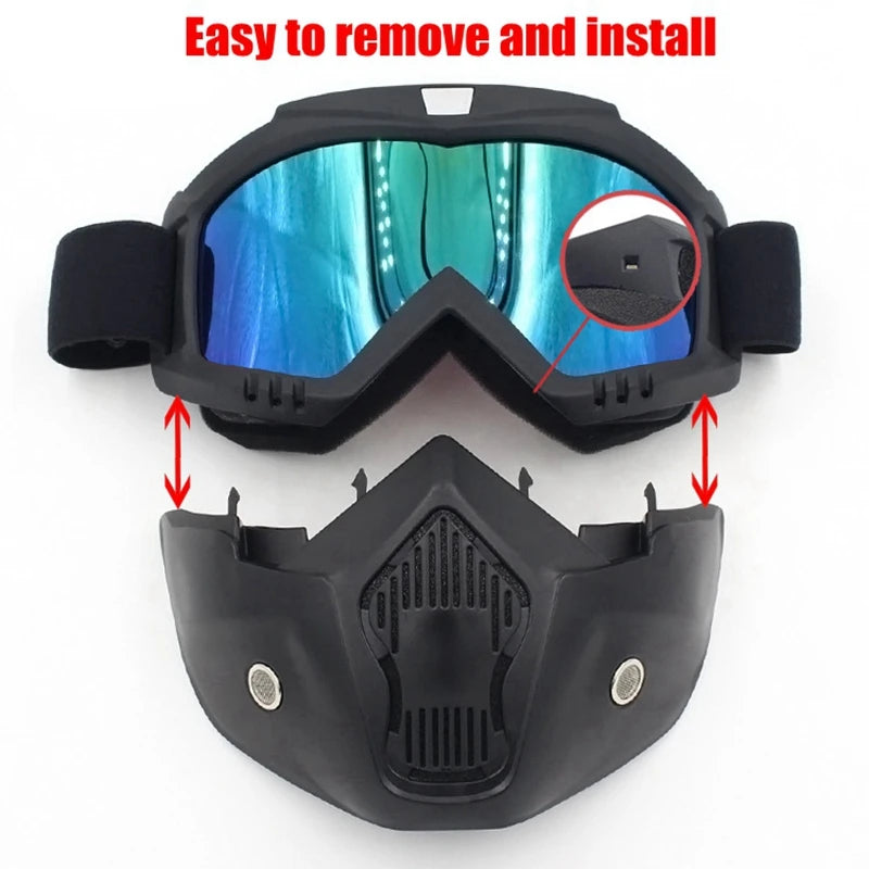 Full face bicycle helmet with anti-fog mask, safety goggles, and mouth filter, designed for airsoft, paintball, and hunting activities.