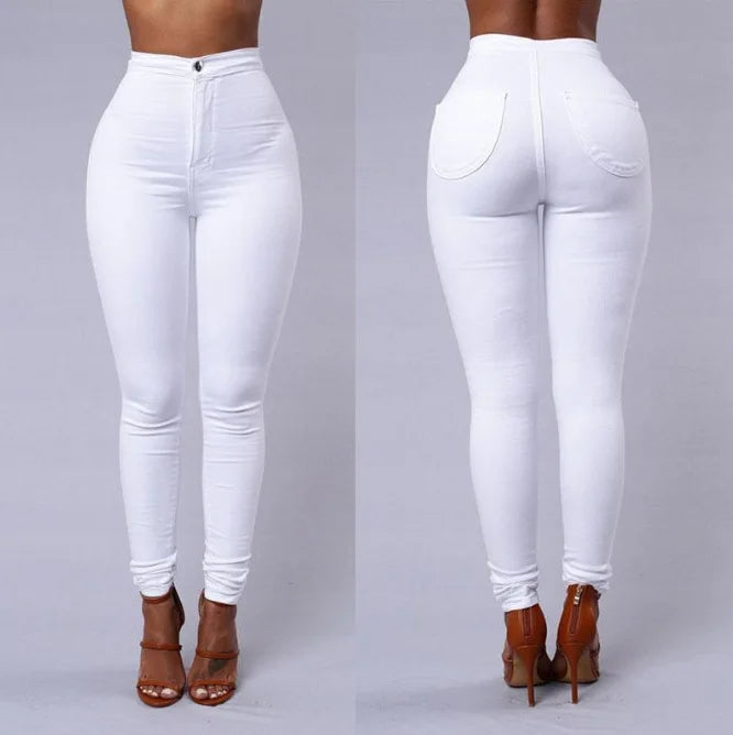White and black high-waist skinny jeans for women, casual vintage denim pants with a slim fit and long, sleek design.