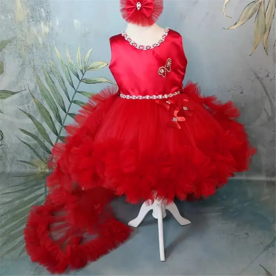 Customized Red Flower Girl Dresses For Wedding Tulle Butterflies With Bow Puffy Cute Toddler Birthday Party Pageant Ball Gown