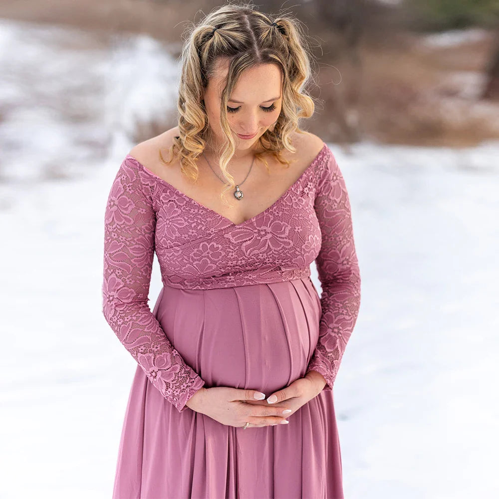 Elegant SHOWLU V-Neck Lace Maternity Photography Gown in chiffon, featuring a flowing maxi design for maternity photoshoots.