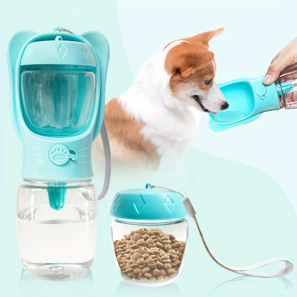 Showlu portable dog water bottle and food container for pet travel, compact and convenient for on-the-go pet hydration and feeding.
