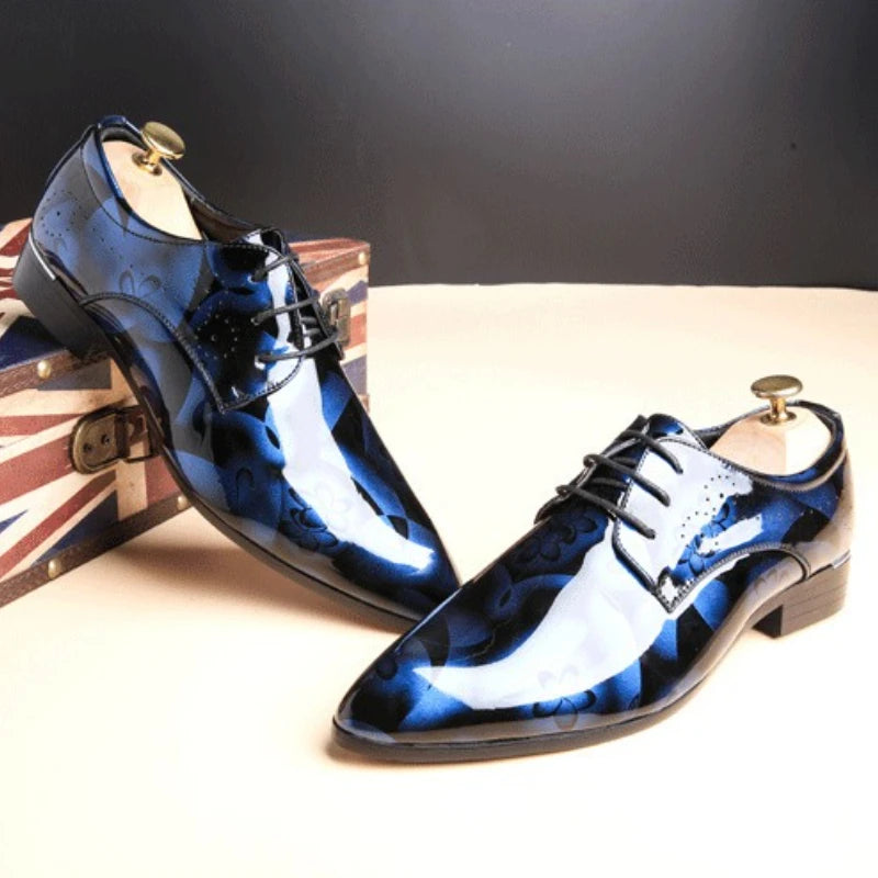 Men's black patent leather Oxford shoes with pointed toes, formal wedding dress shoes by Showlu Fashion Store.