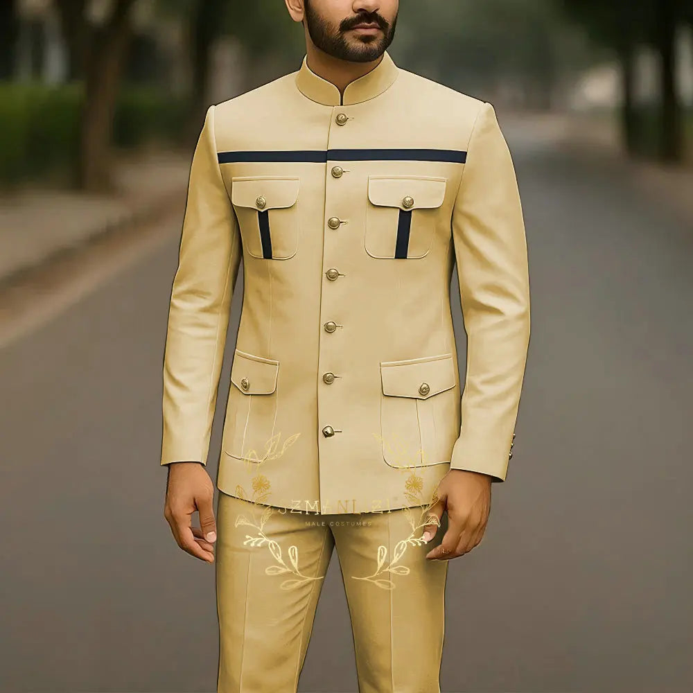 Elegant men's white single-breasted suit with stand collar, jacket and pants, perfect for wedding, business, or formal occasions.