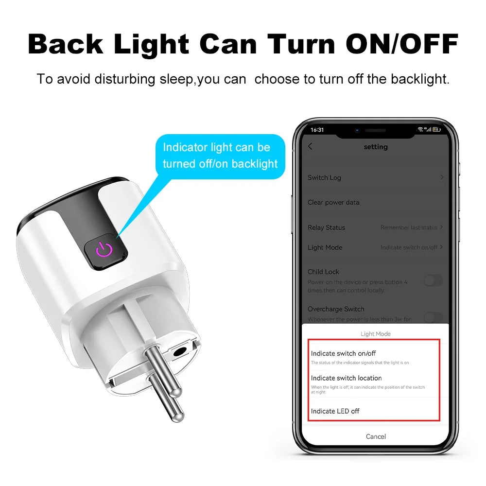Showlu Smart WiFi smart plug with EU socket, power monitor, and voice control for energy management and remote operation.