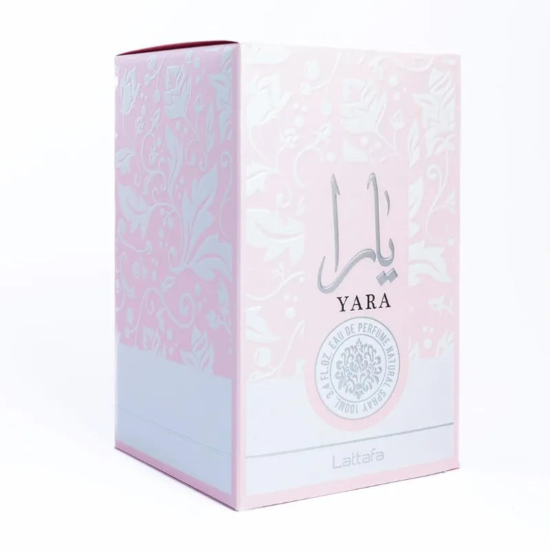 Long-lasting Lattafa Yara Eau De Parfum in 100ml bottle featuring a vanilla floral fragrance, elegant and sophisticated scent.