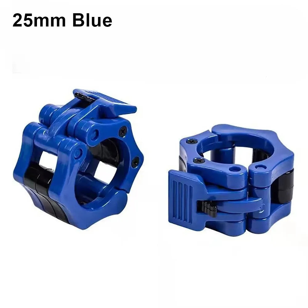 Pair of colorful 25mm weightlifting barbell clips with quick release safety locks for strength training and dumbbell security