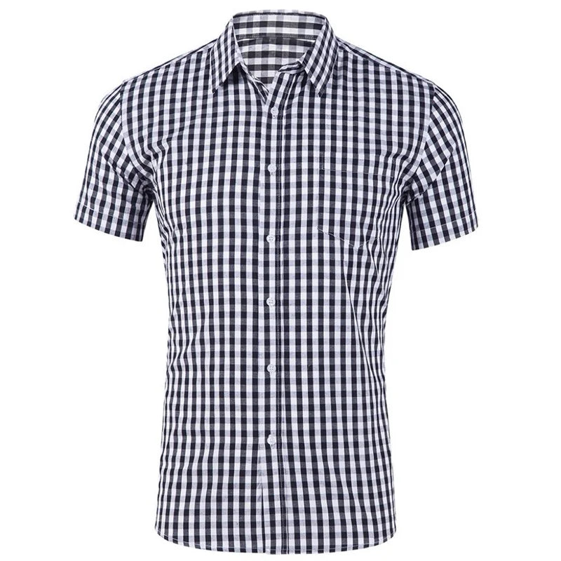 Men's short-sleeved Hawaiian plaid shirt in red and blue, breathable casual style with lapel, suitable for vacation and street wear.