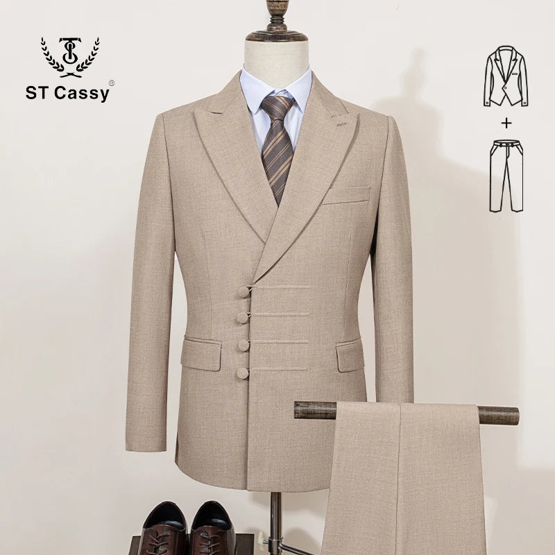 Men's black double-breasted slim fit suit by Showlu Fashion, featuring a stylish two-piece wedding set with classic design.