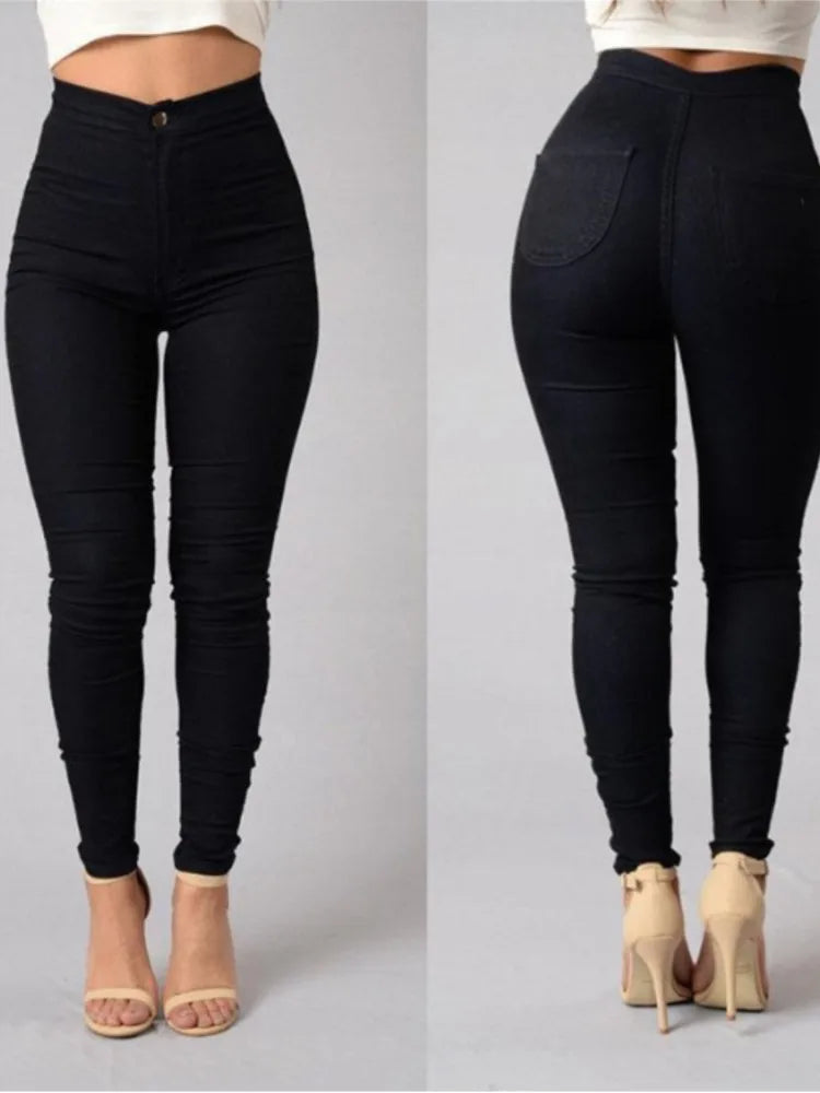 White and black high-waist skinny denim jeans for women, casual vintage style, long slim fit pants from Showlu Fashion Store