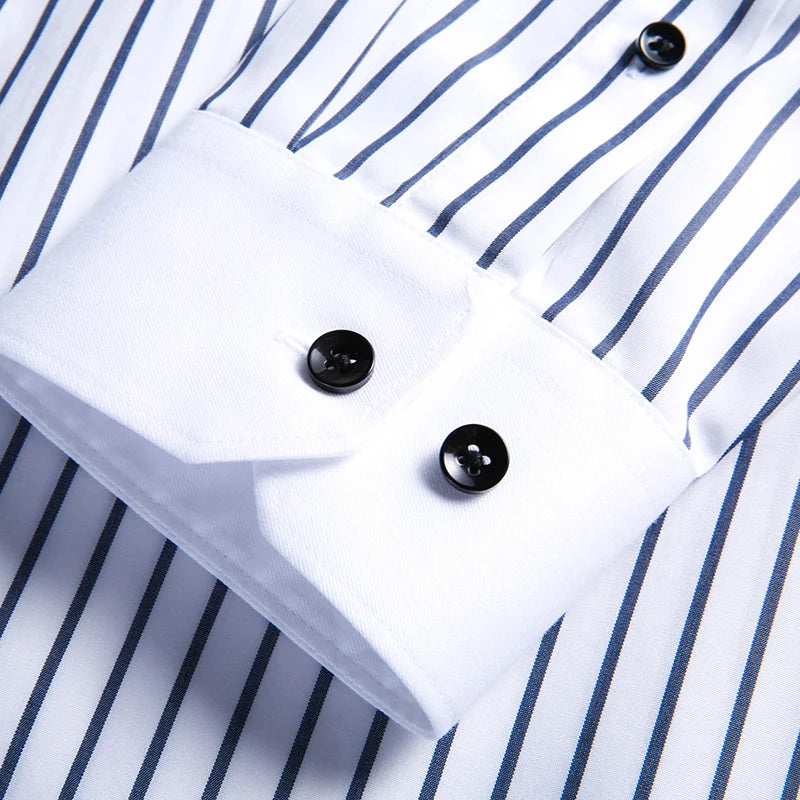 Men's slim fit cotton long sleeve shirt with striped pattern, heterochromatic collar, wrinkle-resistant, high-end luxury design.