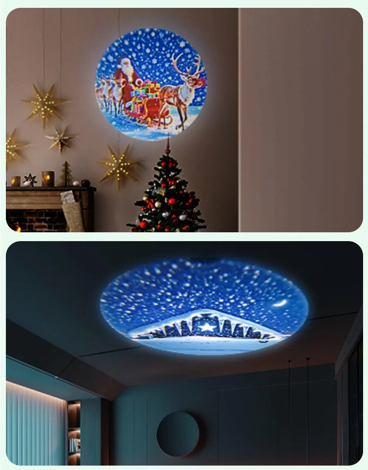 USB projector lamp displaying Christmas elk and Santa Claus patterns, ideal for room ceiling or window holiday decor.