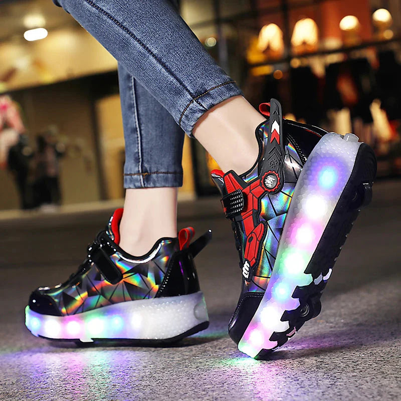 Children's flashing roller skates from Showlu Fashion with light-up outdoor sneakers, featuring colorful LED lights and secure fit.