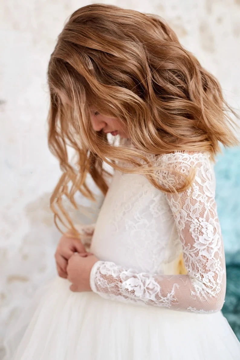 Ivory lace tulle ball gown for girls, Lifetime Not Regret Flower Girl Dress by Showlu Fashion Store, featuring elegant floral details.