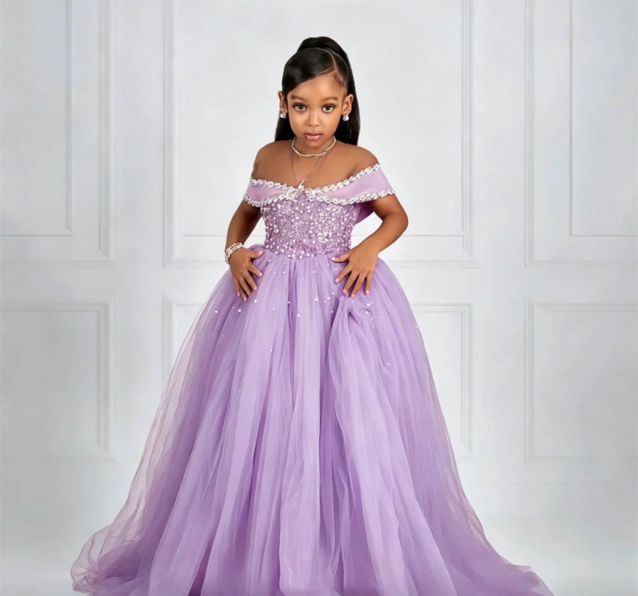 Luxury Customized Off Shoulder Flower Girl Dresses for Wedding Beading Tulle Floor Lenght Girls Birthday First Communion Gown