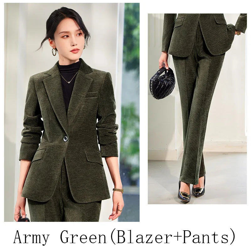 2024 Autumn New Corduroy Elegant Pant Suit Ladies Formal Business Work Wear 2 Piece Set Green Wine Jacket Blazer And Trouser